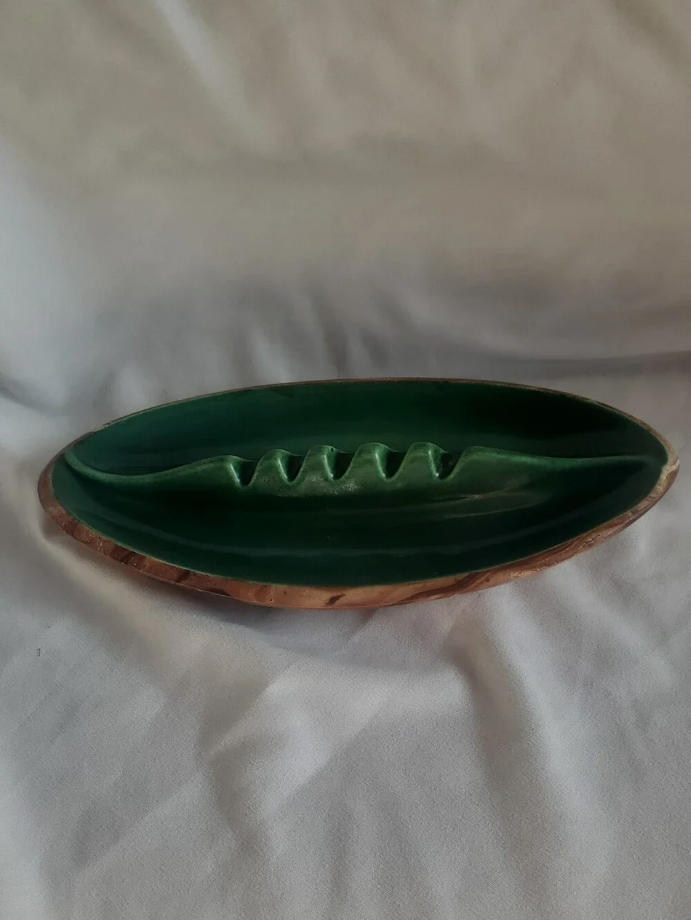 Yellowstone Park Vtg Green/Woodgrain  Ceramic Ashtray Trinket Bowl MCM Retro